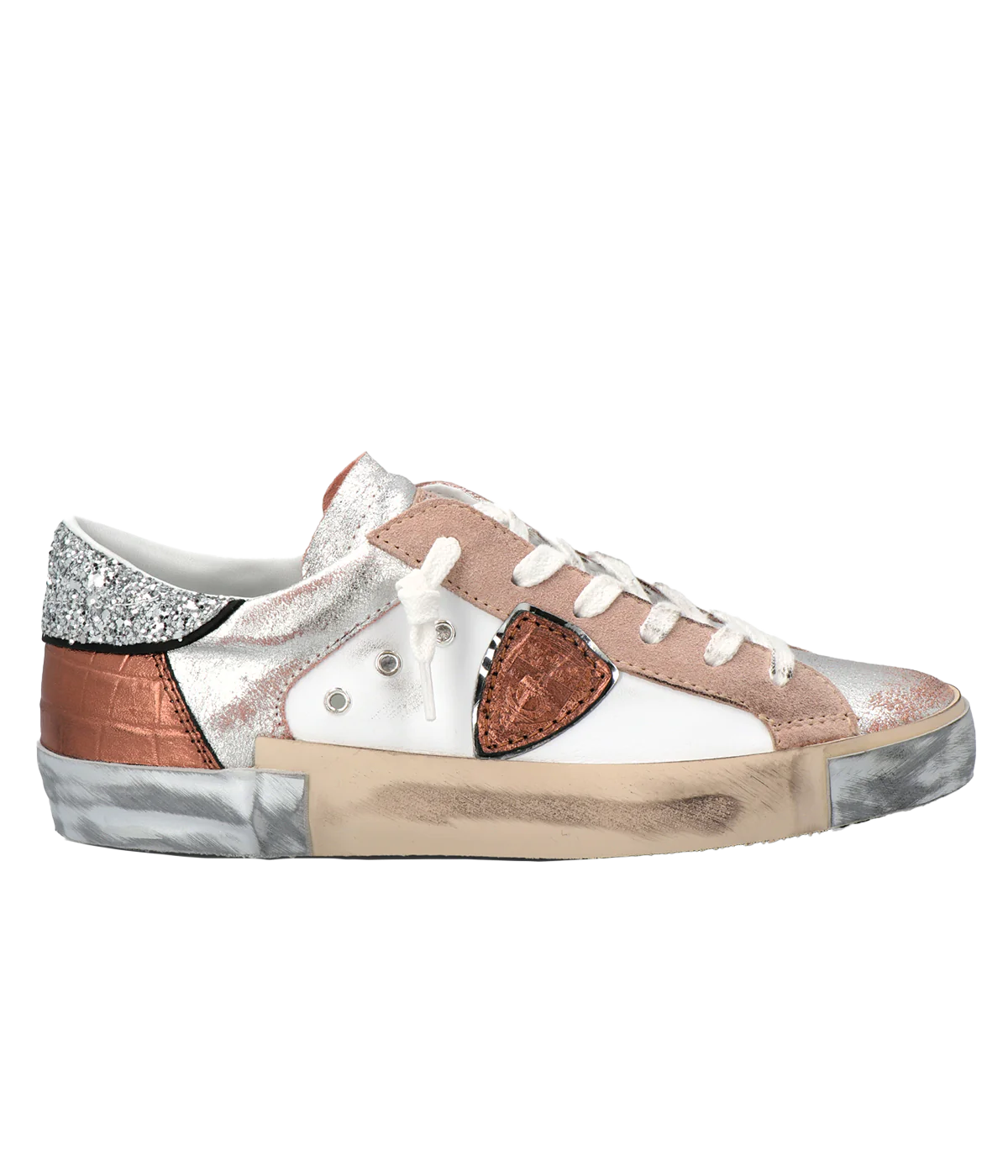 Philippe Model PRSX Low Woman - Veau Croco Glitter Rose Blanc
