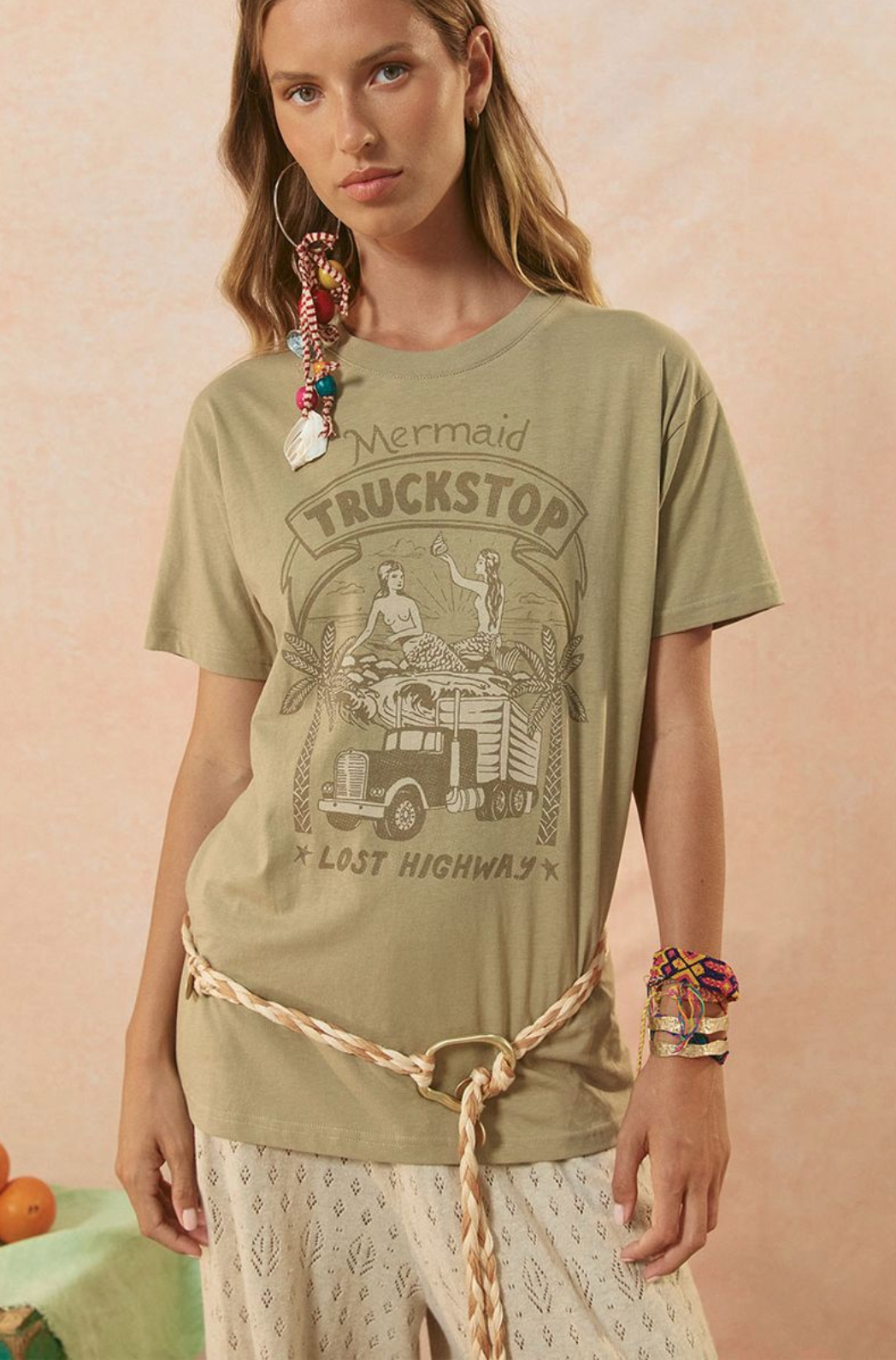 Spell Mermaid Truckstop Biker Tee - Khaki