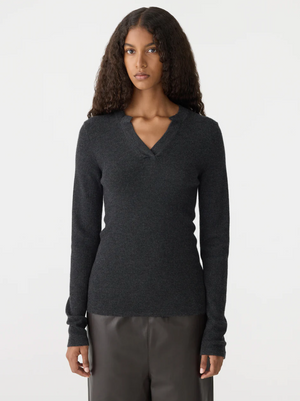 Bassike Superfine Rib V Neck Knit - Dark Charcoal