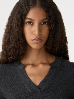 Bassike Superfine Rib V Neck Knit - Dark Charcoal