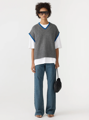Bassike Contrast Stripe Knitted Vest - Dark Charcoal/Cobalt