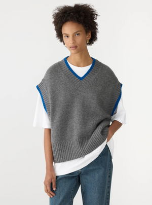 Bassike Contrast Stripe Knitted Vest - Dark Charcoal/Cobalt