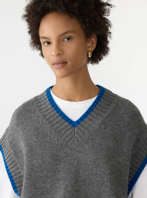 Bassike Contrast Stripe Knitted Vest - Dark Charcoal/Cobalt