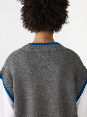 Bassike Contrast Stripe Knitted Vest - Dark Charcoal/Cobalt