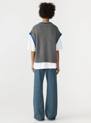 Bassike Contrast Stripe Knitted Vest - Dark Charcoal/Cobalt