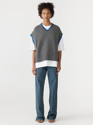 Bassike Contrast Stripe Knitted Vest - Dark Charcoal/Cobalt