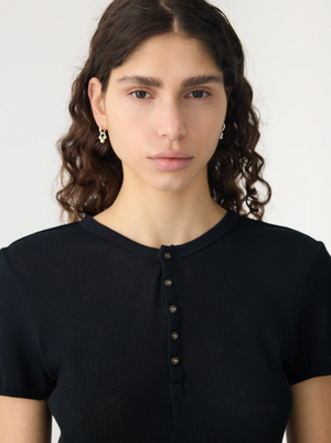 Bassike Sheer Rib Placket T-Shirt - Black