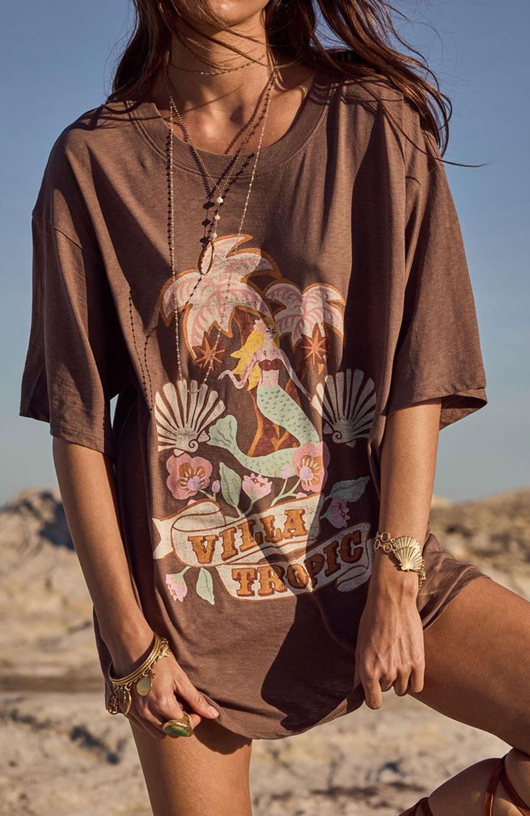 Spell Villa Tropic Oversized Biker Tee - Coffee
