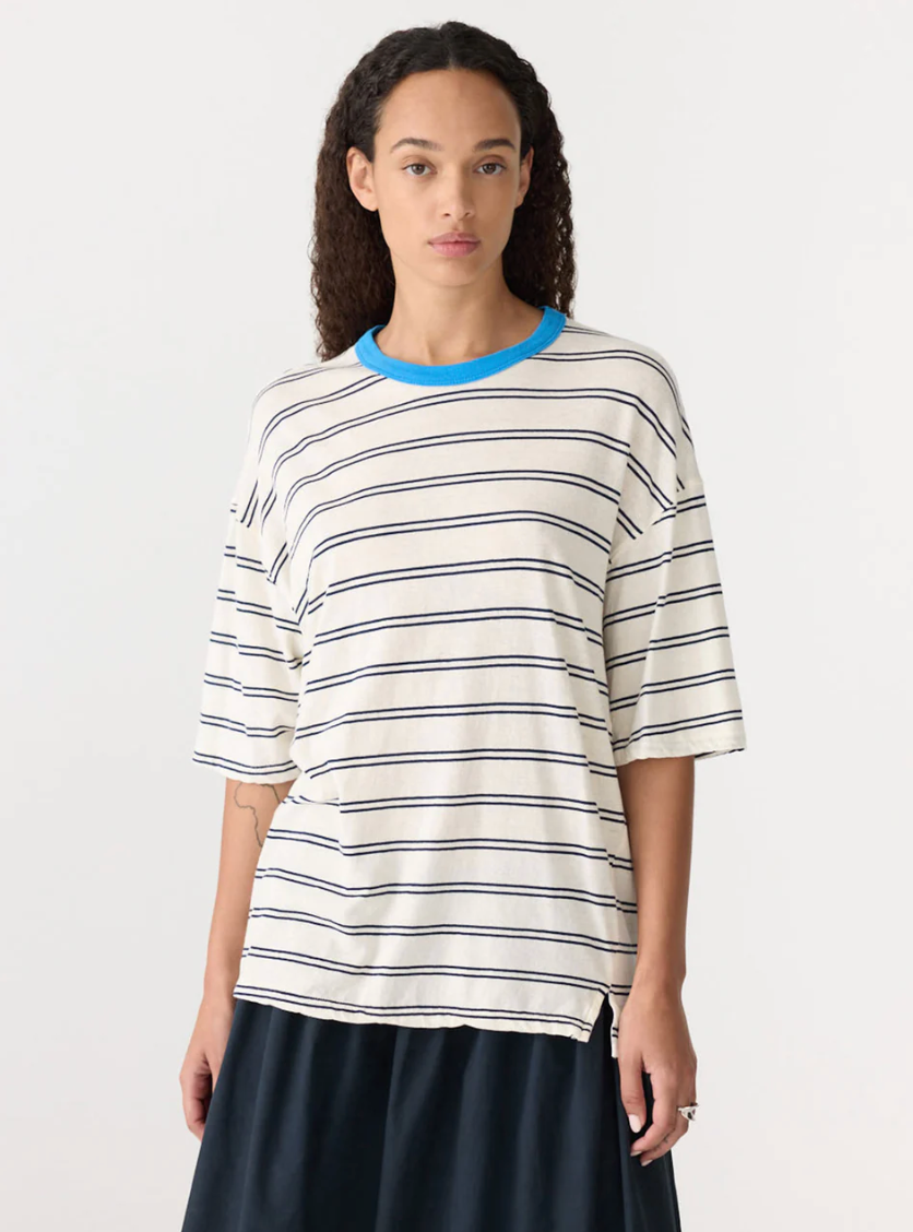 Bassike Stripe Boxy T-Shirt - Navy / Undyed / Blue