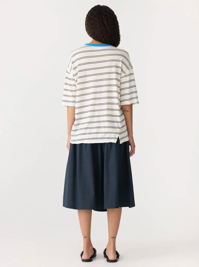 Bassike Stripe Boxy T-Shirt - Navy / Undyed / Blue