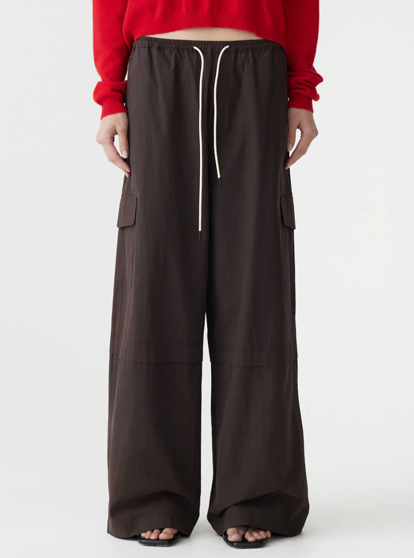 Bassike Crushed Cotton Layered Pant - Chocolate Brown