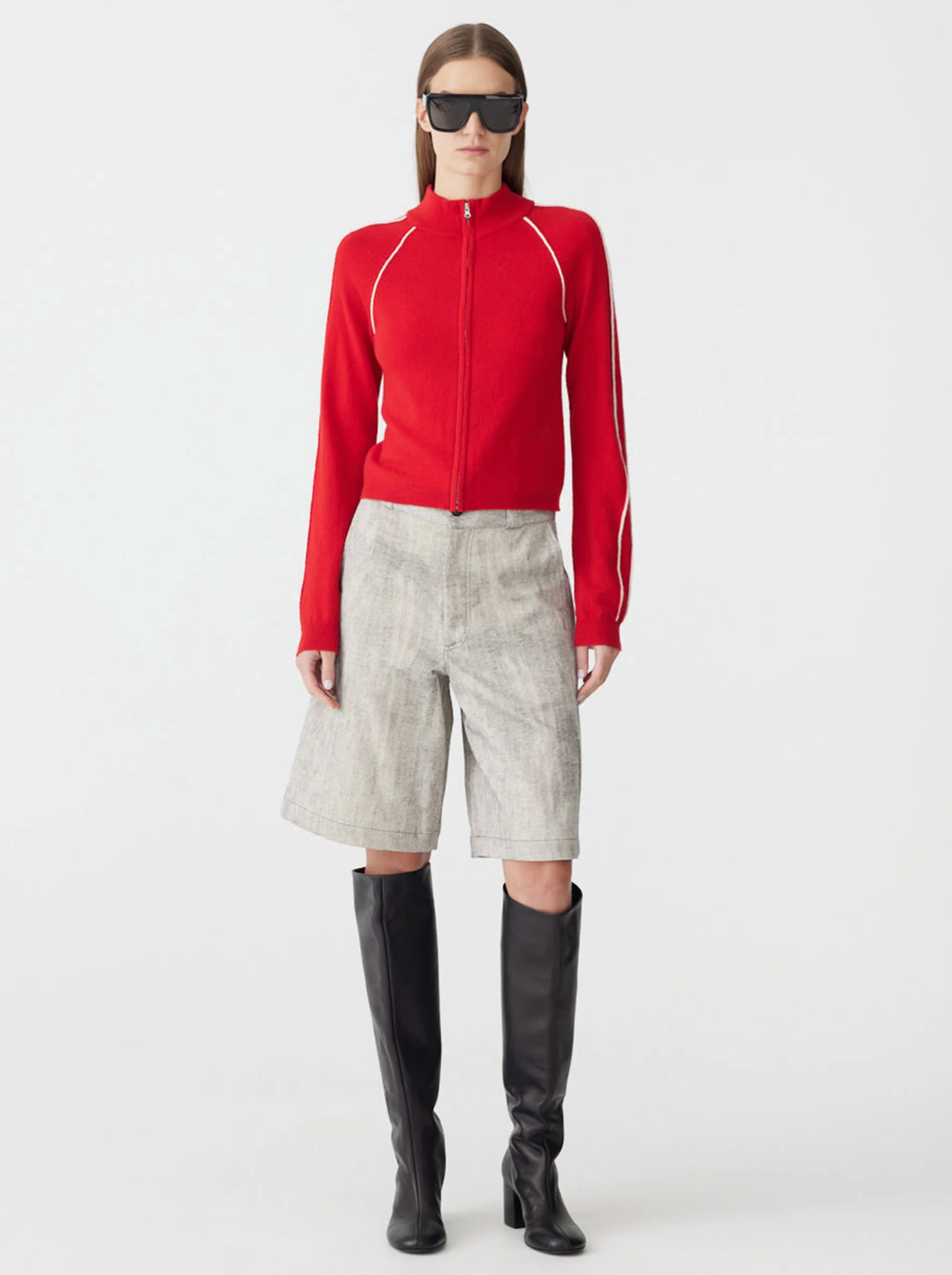 Bassike Piping Detail Zip Up Knit - Red
