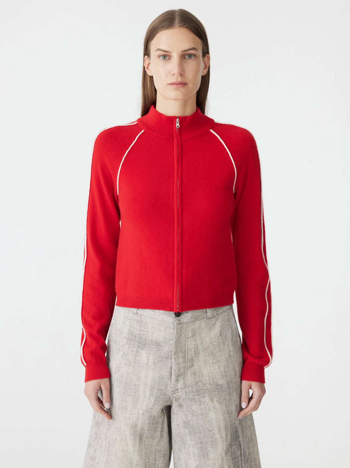 Bassike Piping Detail Zip Up Knit - Red