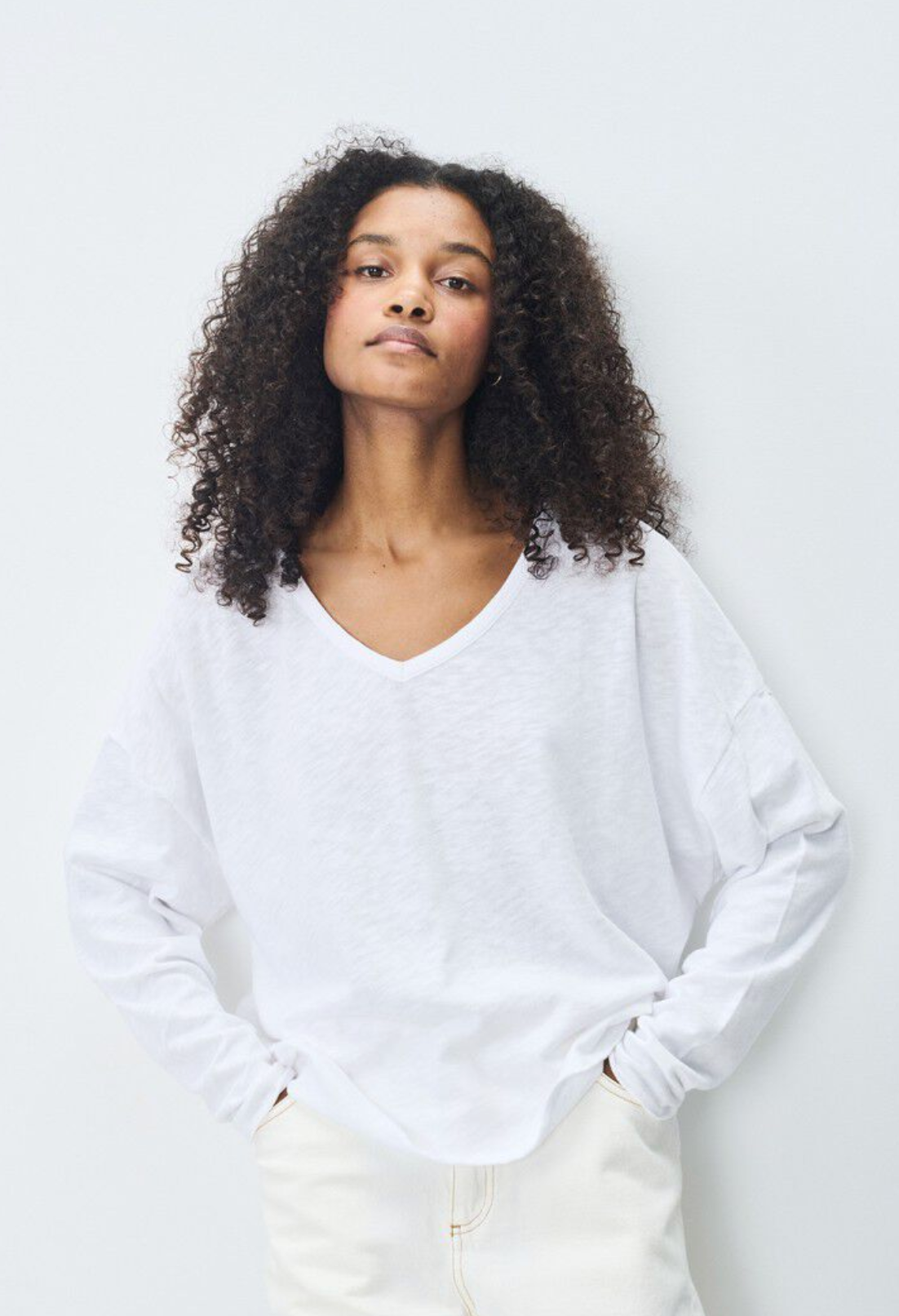 American Vintage Womens L/S V Neck T-Shirt - White