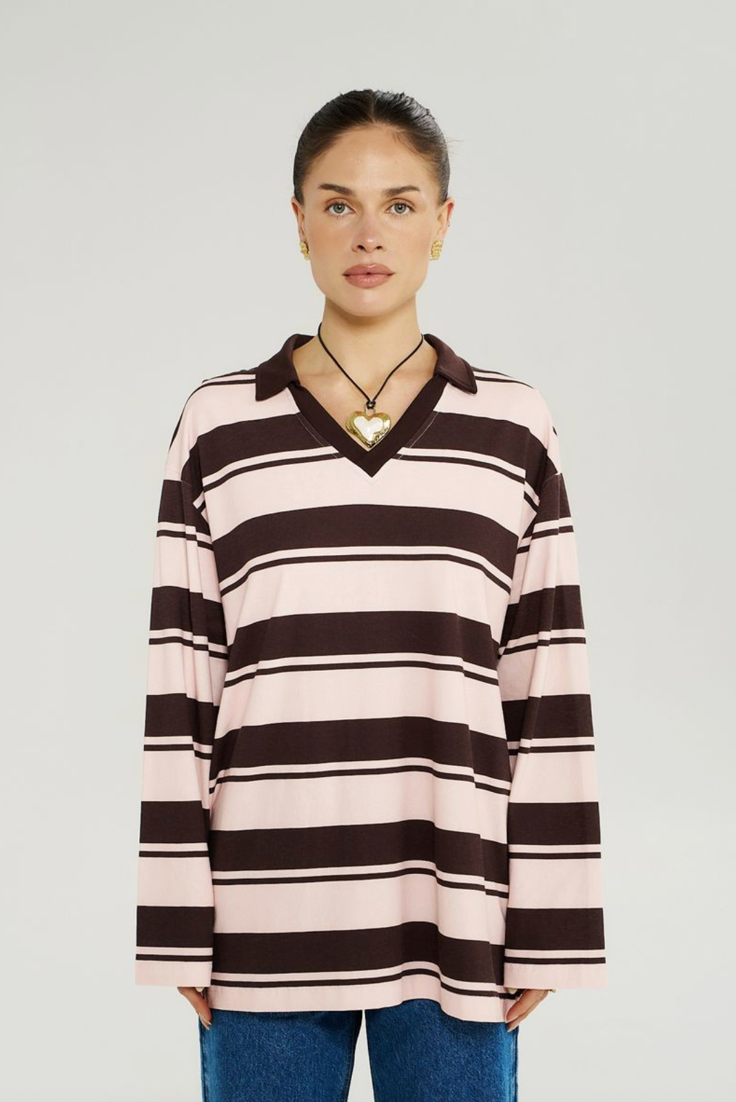 Summi Summi L/S Polo Top - Choc Rose Stripe