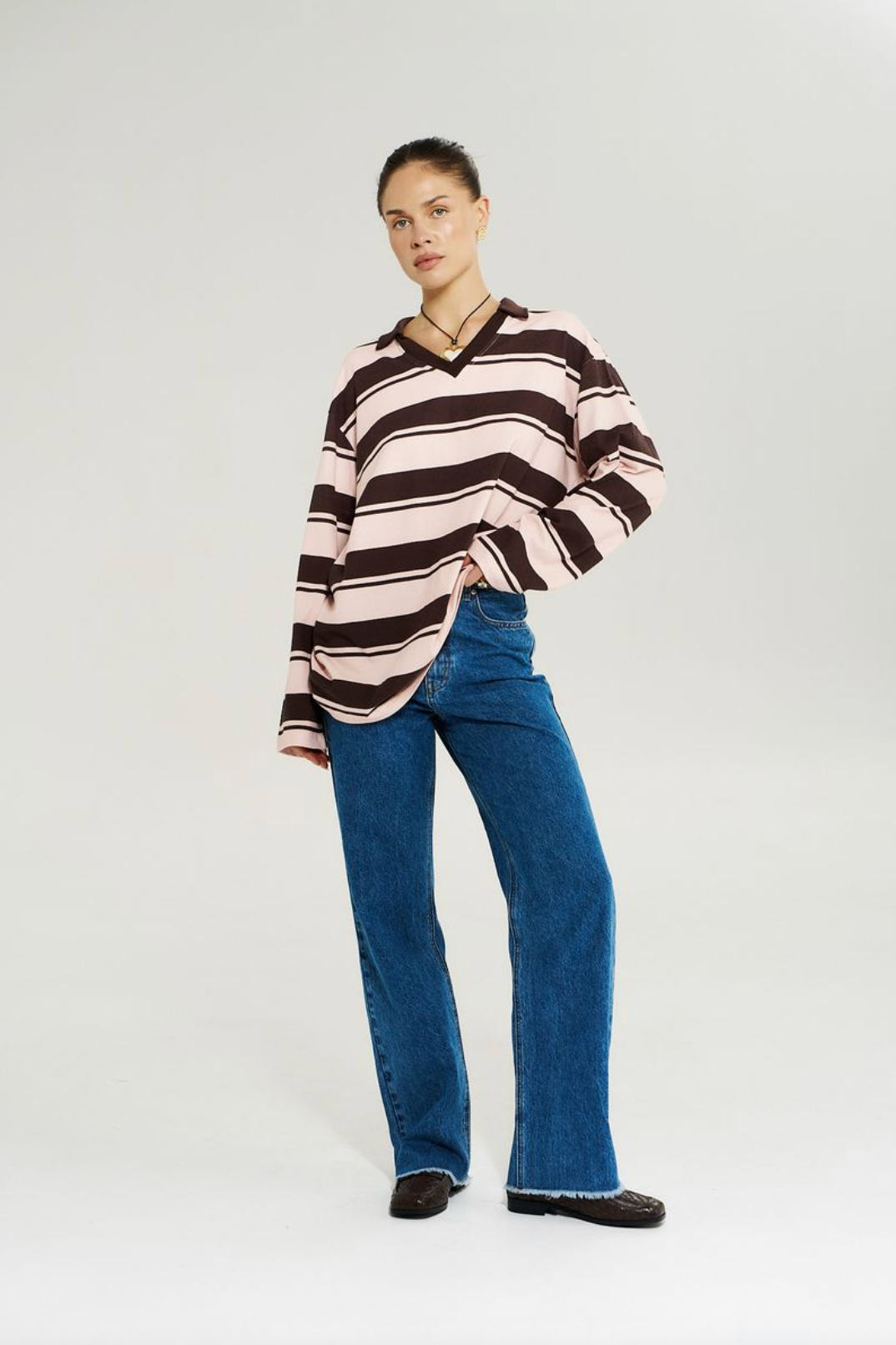 Summi Summi L/S Polo Top - Choc Rose Stripe