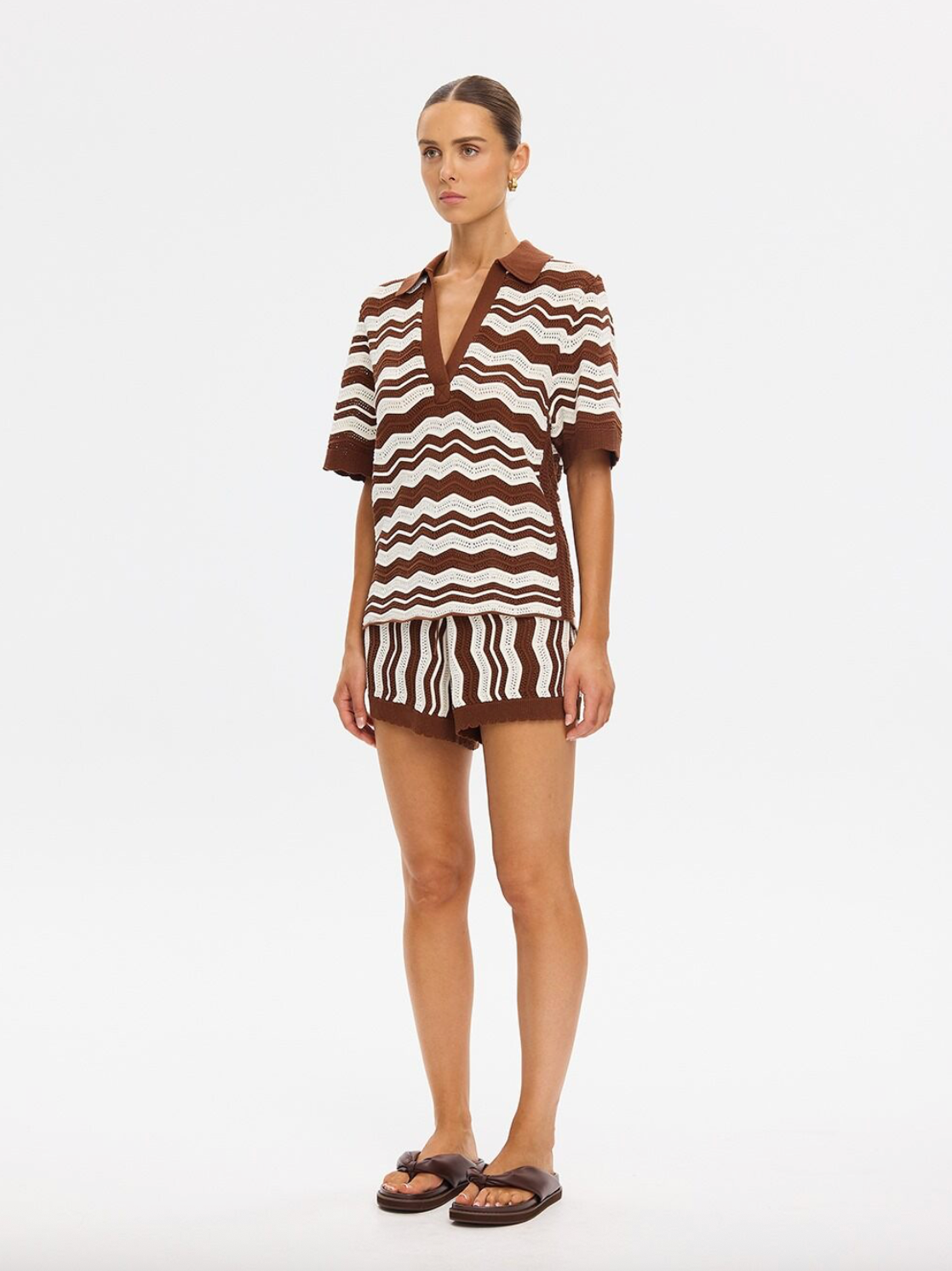 Kivari Sarah Knit Polo Top - Choc/Ivory Stripe