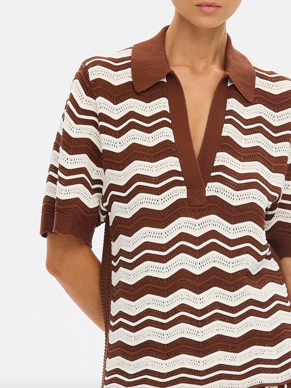 Kivari Sarah Knit Polo Top - Choc/Ivory Stripe