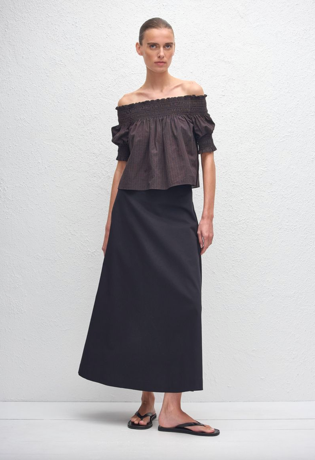 Matteau Shirred Off Shoulder Blouse - Nantucker Check