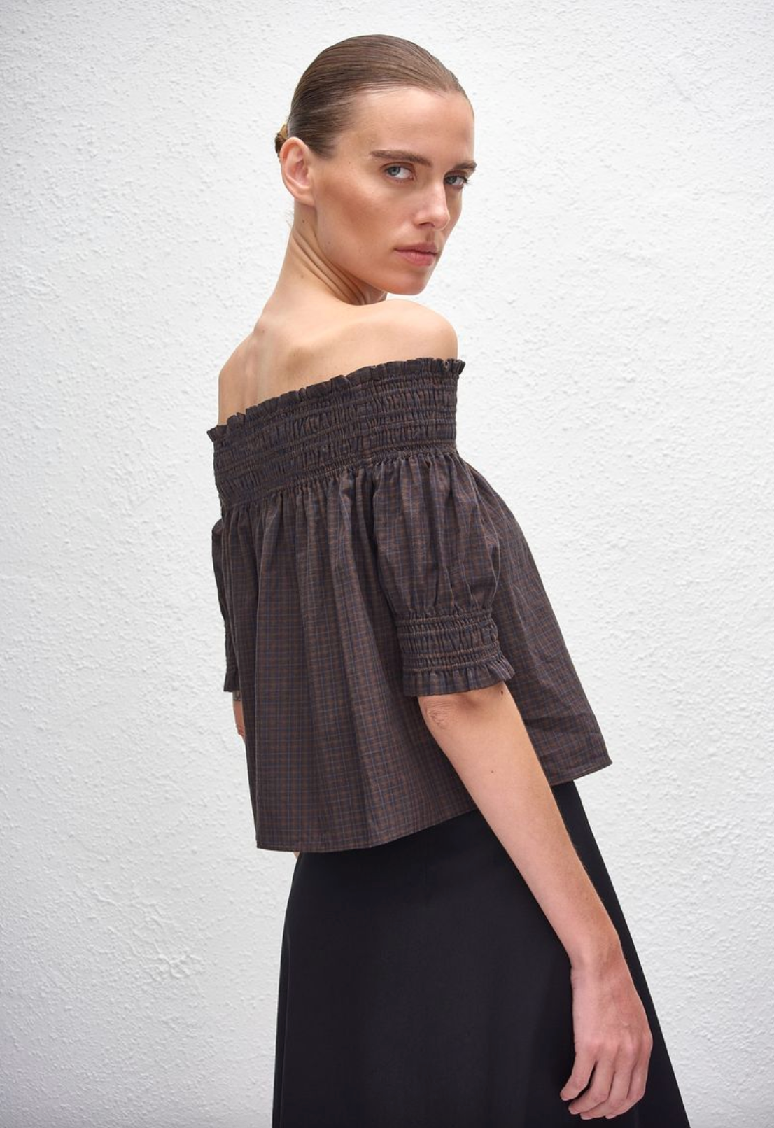 Matteau Shirred Off Shoulder Blouse - Nantucker Check