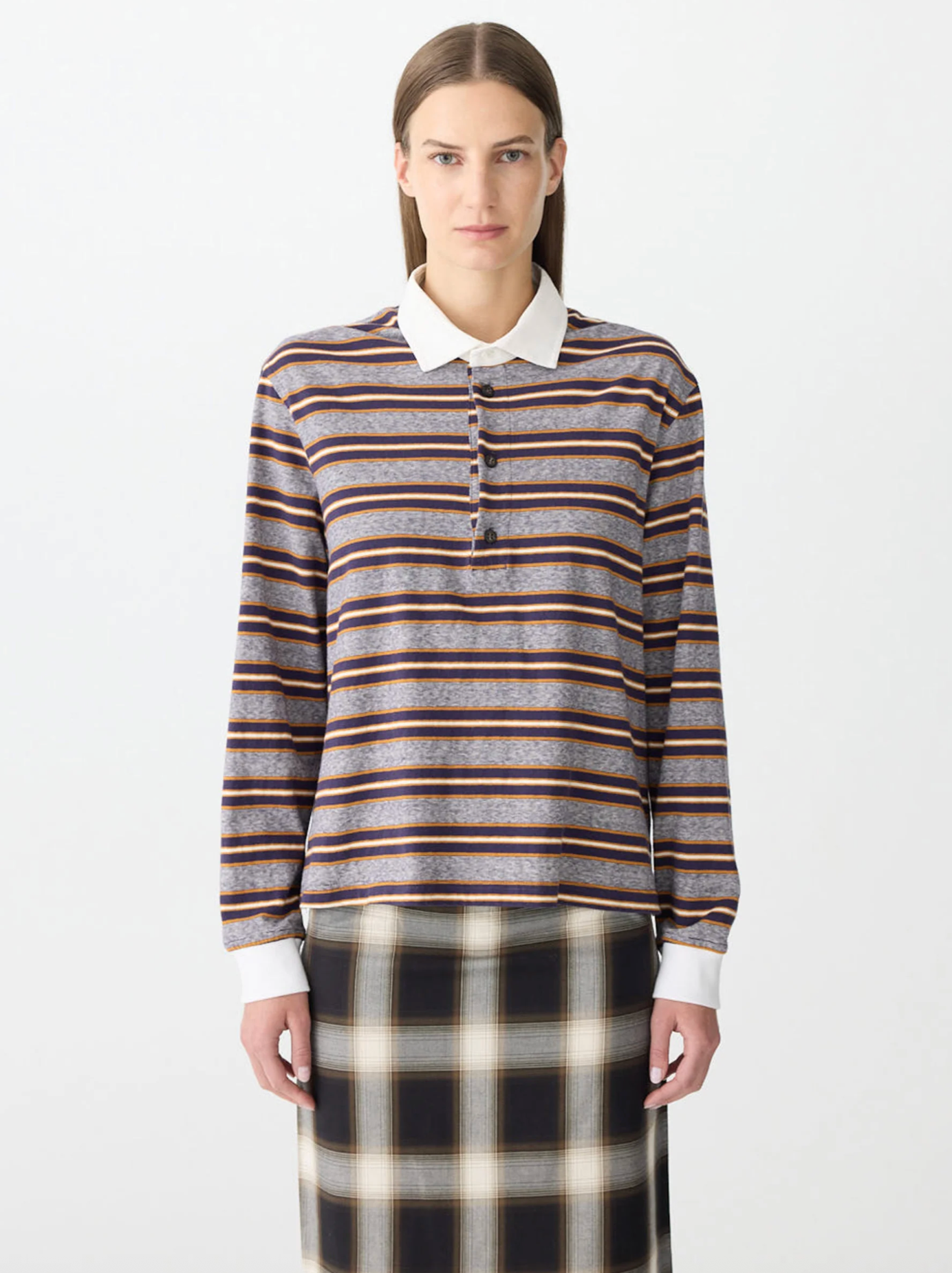 Bassike Vintage Stripe L/S Polo - Purple/Gold Stripe