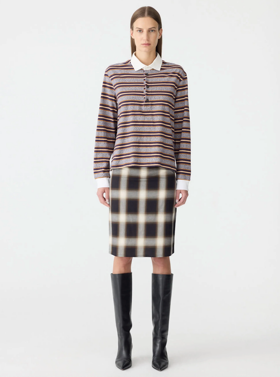 Bassike Vintage Stripe L/S Polo - Purple/Gold Stripe