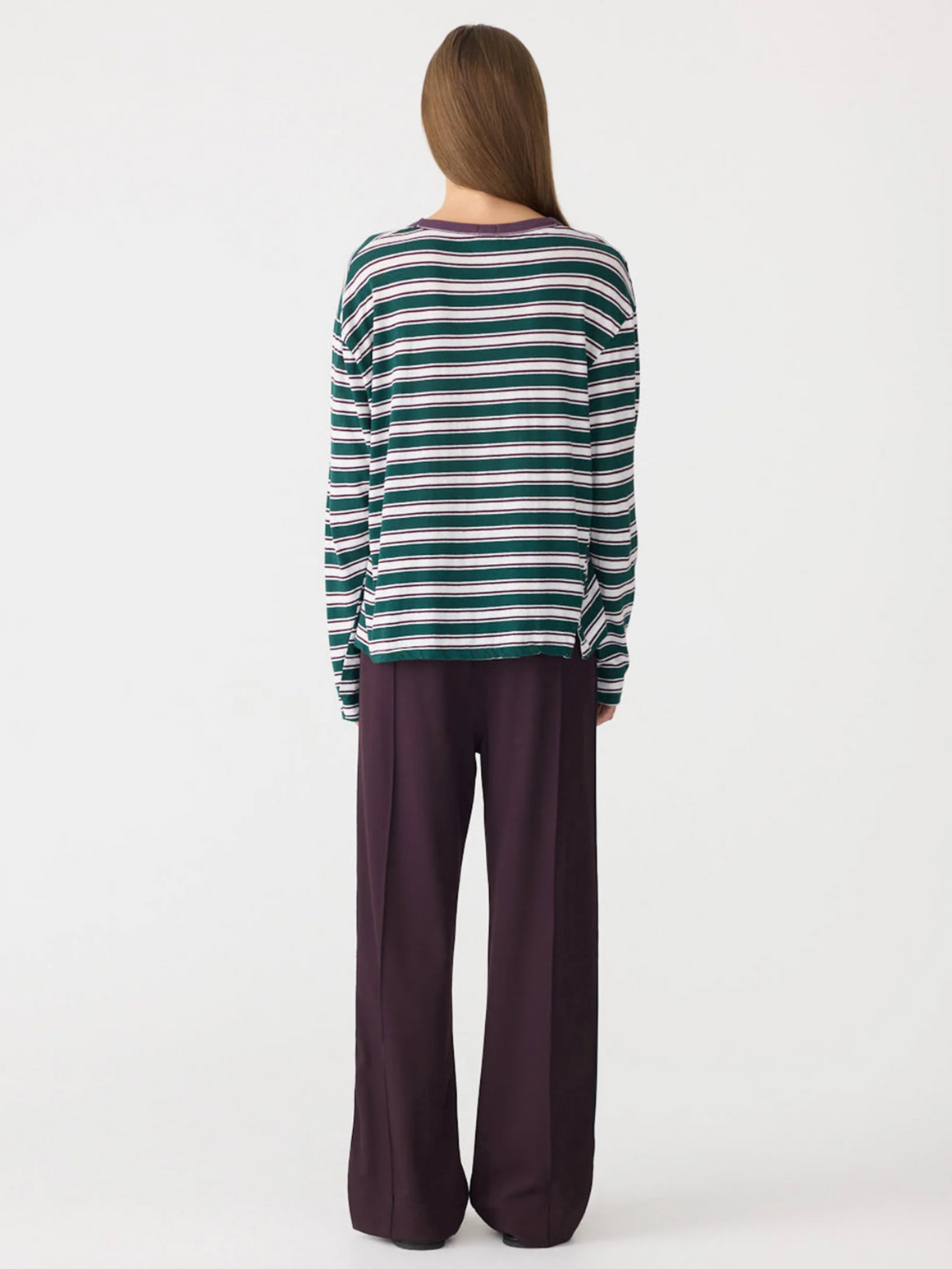 Bassiek Stripe Boyfriend L/S T-Shirt - Dark Forest/Burgundy/White