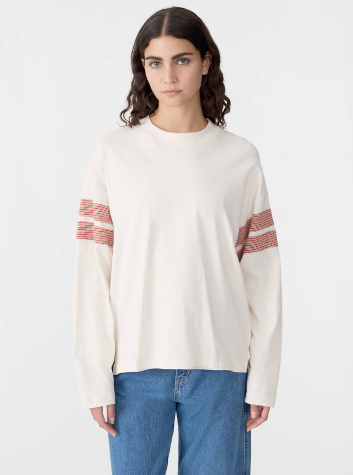 Bassike Boxy Rib Insert L/S T-Shirt - Ecru / Red