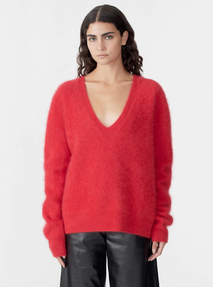 Bassike Deep V Textured Knit - Red