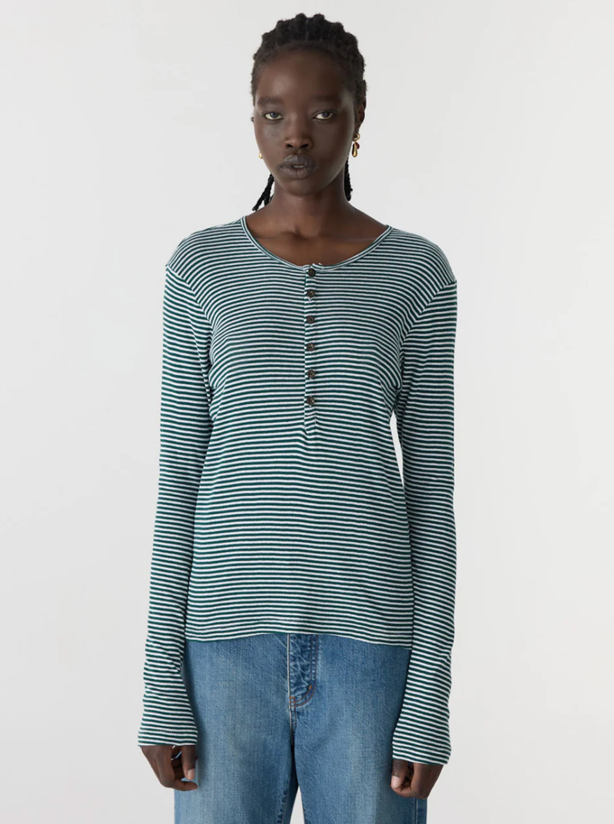 Bassike Stripe Placket L/S T-Shirt - Dark Forest/White
