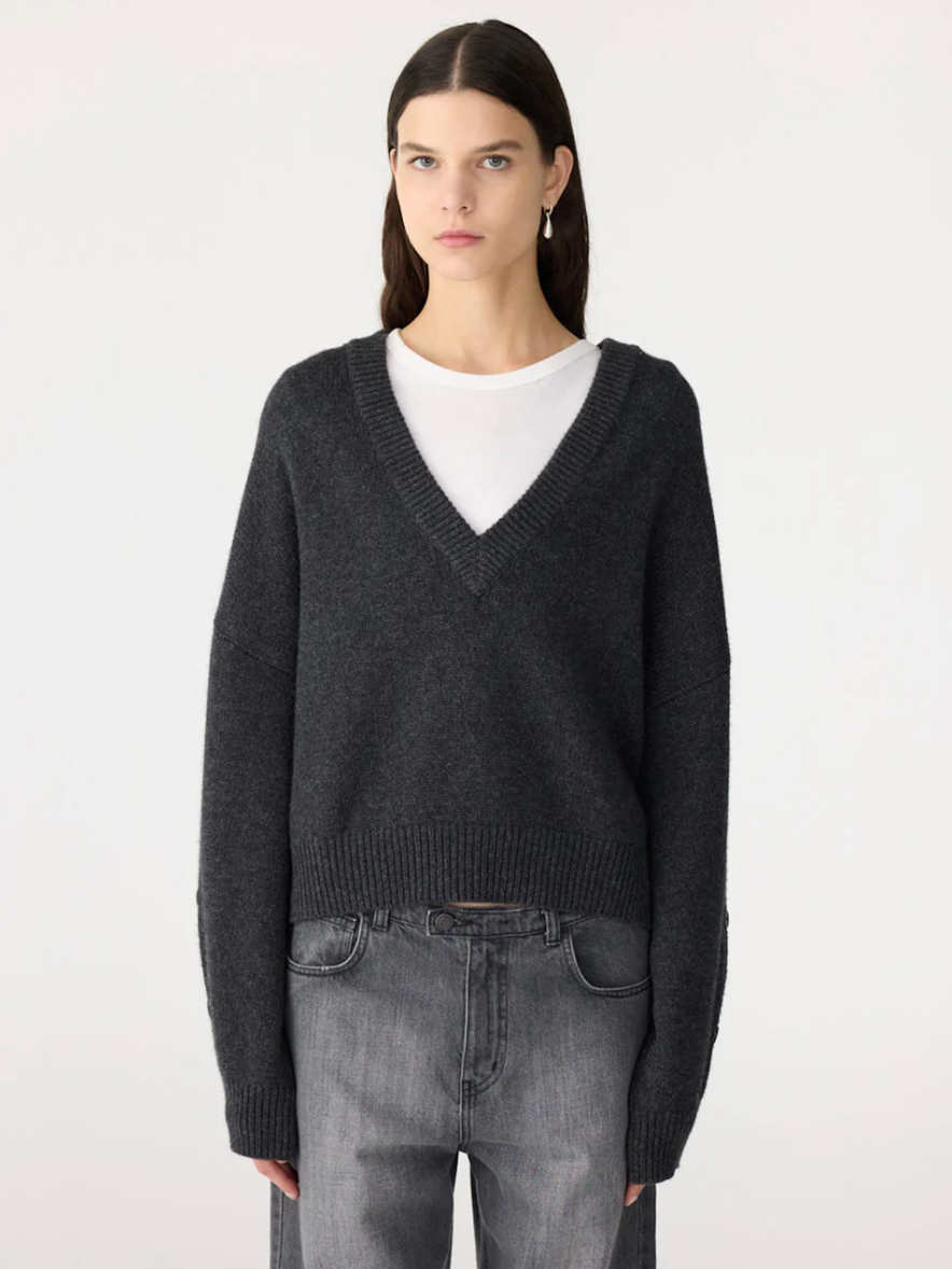 Bassike Sleeve Detail V Neck Knit - Dark Charcoal