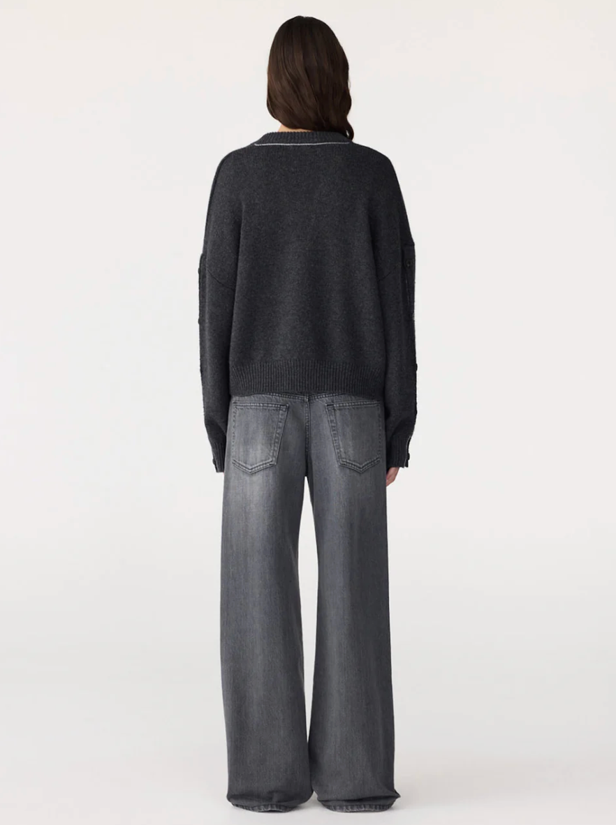 Bassike Sleeve Detail V Neck Knit - Dark Charcoal
