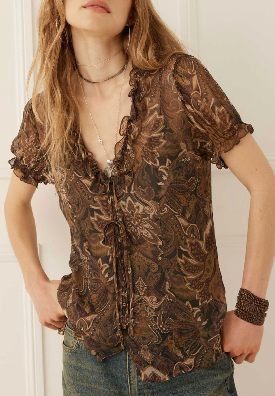 Spell Damask Short Sleeve Blouse - Walnut Brown