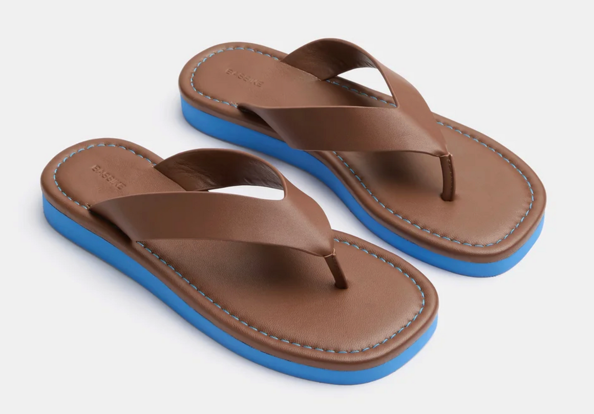 Bassike Leather Minimal Flip Flops - Brown/Blue