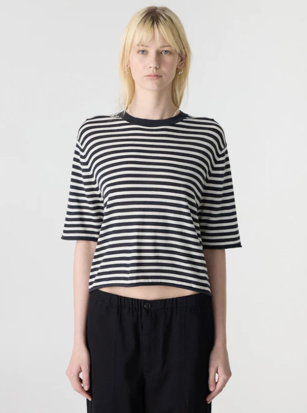 Bassike Fine Merino Slouch Knit T-Shirt - Charcoal marle/Natural