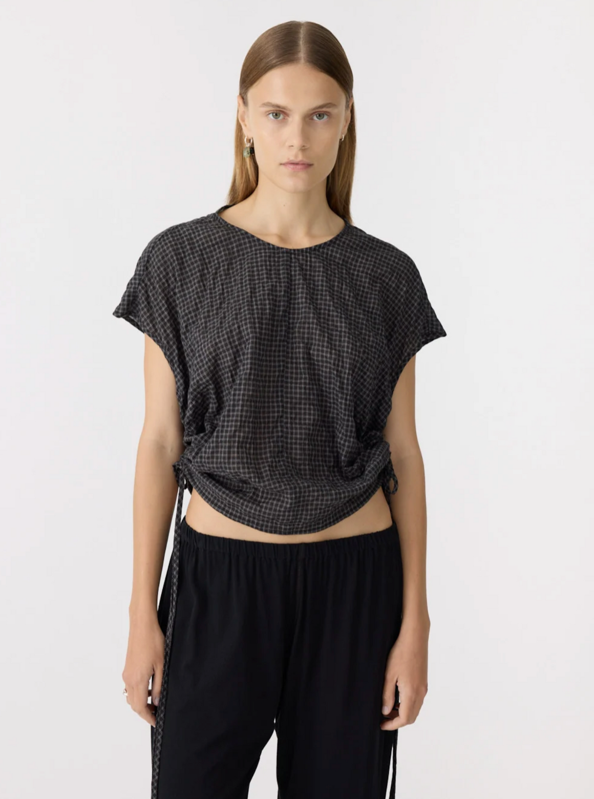 Bassike Gathered Check Drawstring Top - Black Check