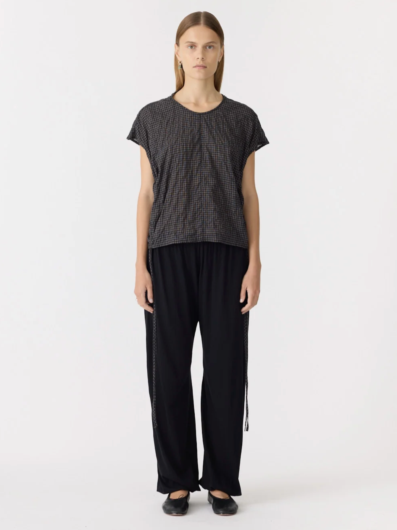 Bassike Gathered Check Drawstring Top - Black Check