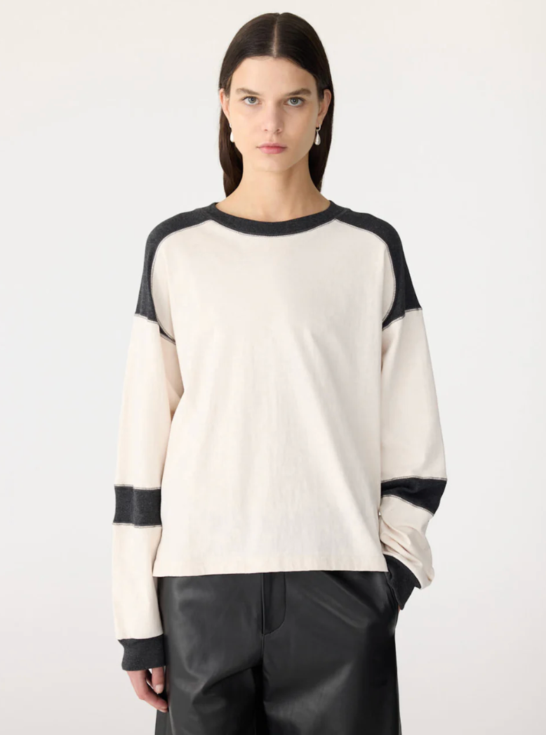 Bassike L/S Slouch Panelled T-Shirt - Ecru/Charcoal Marl